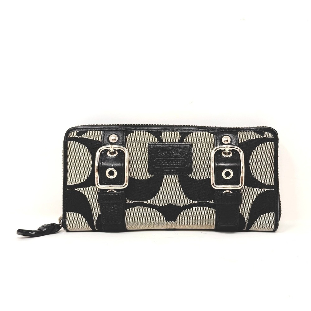 Coach Zoe Double‎ Buckle Wallet Signature C Black Grey Blue Leather Y2K